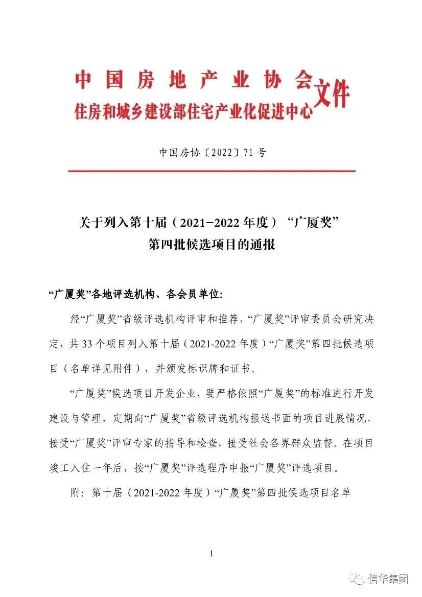 信华城·琭园项目成功入选第十届“广厦奖”第四批候选项目